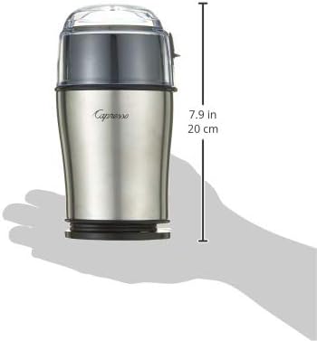 Capresso Cool Grind grinder from an angle, showcasing its sleek design and compact size.
