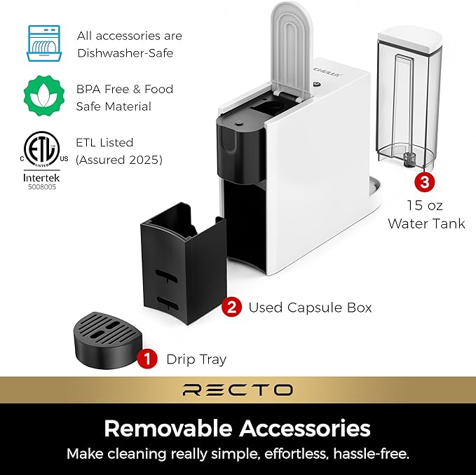 The compact white espresso machine shown with an espresso cup for size reference.