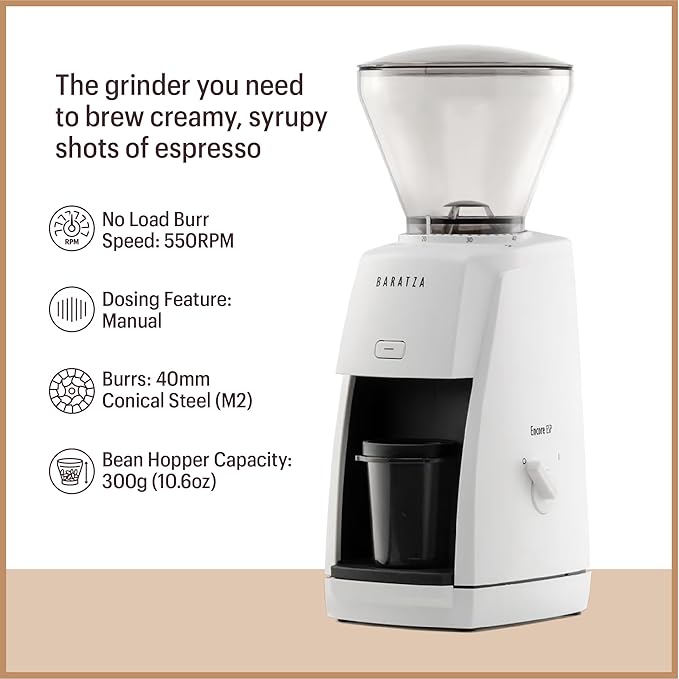 Front view of the black grinder with its espresso-focused design elements.