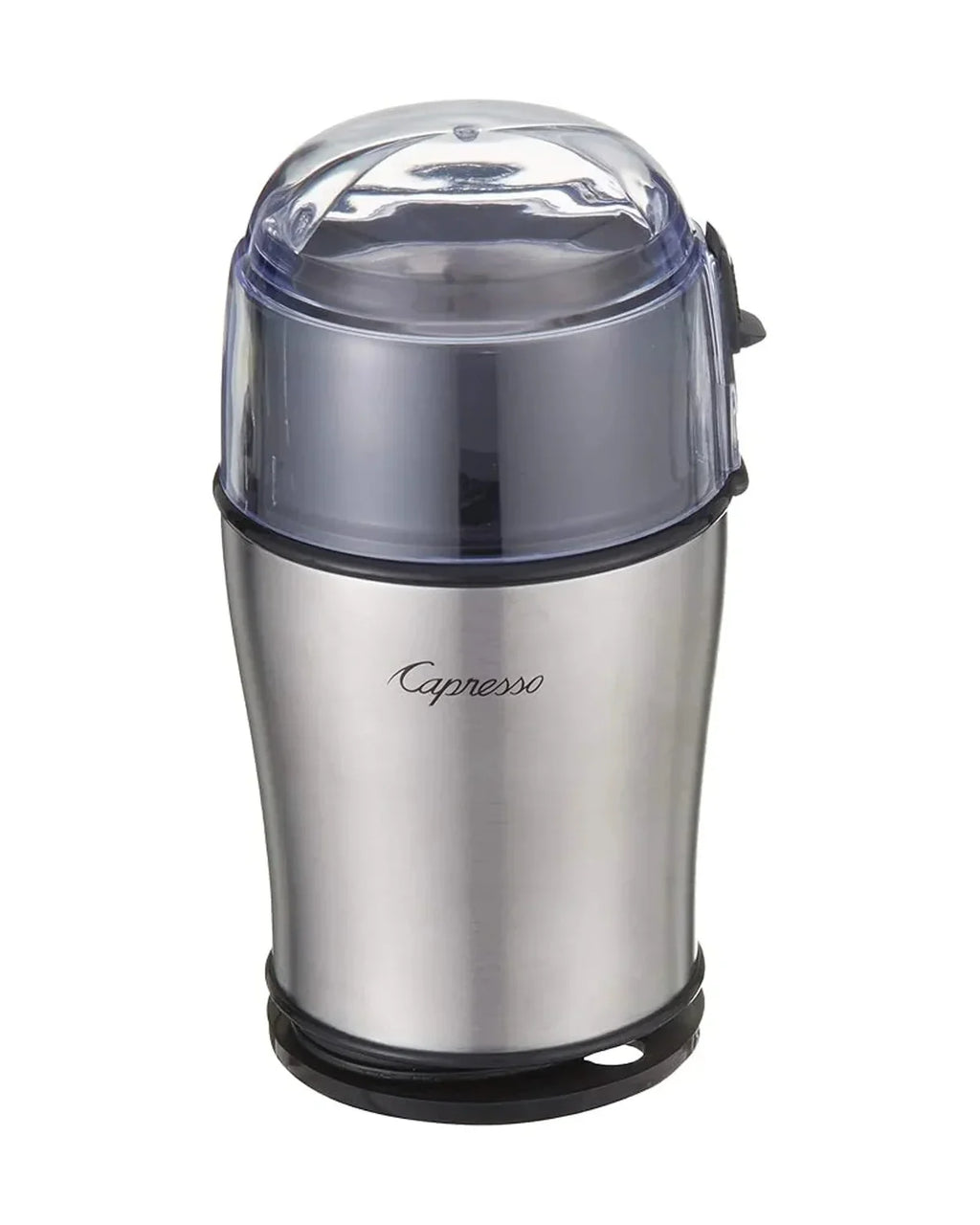 Capresso Cool Grind Coffee & Spice Grinder in silver, front view with lid on.
