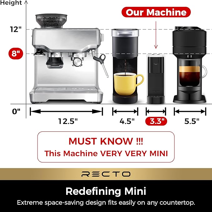 Side profile of the white espresso machine, highlighting its suitability for home or office.