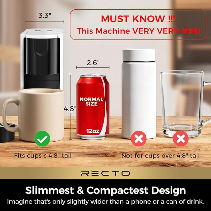 Front view of the compact white espresso maker with its sleek RectoCafé design.